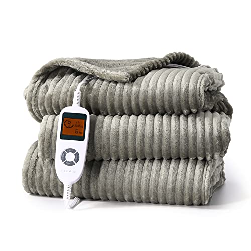 CAROMIO Heated Blanket Electric Throw - Fast Heating Throw Blanket 10 Heating Levels & 1-10H Auto Off Striped Flannel Electric Heated Blanket Throw for Home Office Use, 50x60 Inch, Khaki