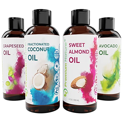 Carrier Oils for Essential Oil - 4 Piece Variety Pack Gift Set Coconut Oil Grapeseed Oil Avocado Oil & Sweet Almond Best Oils for Stretch Mark Dry Skin Moisturizer Hair Packaging May Vary 4oz Each