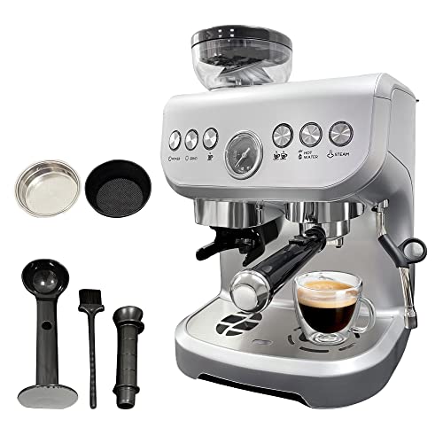 Cedar Space Espresso Coffee Maker with Bean Grinder and Milk Frother,15 Bar Espresso Machine Steam Wand for Cappuccino,Latte,Americano for Christmas,Halloween,Easter, 2L Water Tank, 1450W (Silver)