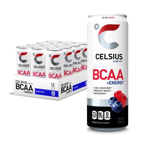 CELSIUS BCAA +Energy Post-Workout Recovery & Hydration Drink 12 Fl Oz, Sparkling Blue Razz (Pack of 12),12 Fl Oz (Pack of 12)