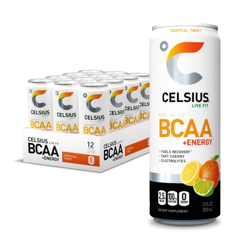 CELSIUS BCAA +Energy Sparkling Post-Workout Recovery & Hydration Drink, Tropical Twist, 144 Fl Oz , 12 Count (Pack of 1)