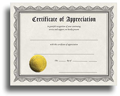 Certificate of Appreciation Certificate Paper with Embossed Gold Foil Seals - 30 Pack - Parchment Award Certificates for Students, Teachers, Employees - 8.5" x 11" Inkjet/Laser Printable