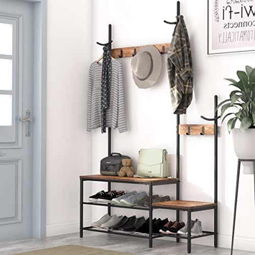 CharaVector Industrial Parent-Child Hall Tree for Entryway, 1+1 Hall Tree entryway Bench with Coat Rack, Wood and Metal Coat Rack with Shoe Bench, Storage Shelf Organizer Accent Furniture