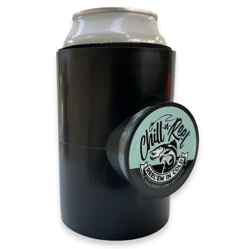 Chill-N-Reel Fishing Can Cooler with Hand Line Reel Attached | Hard Shell Drink Holder Fits Any Standard Insulator Sleeve or Coozie | Unique Fun Fishing Gift (Black)