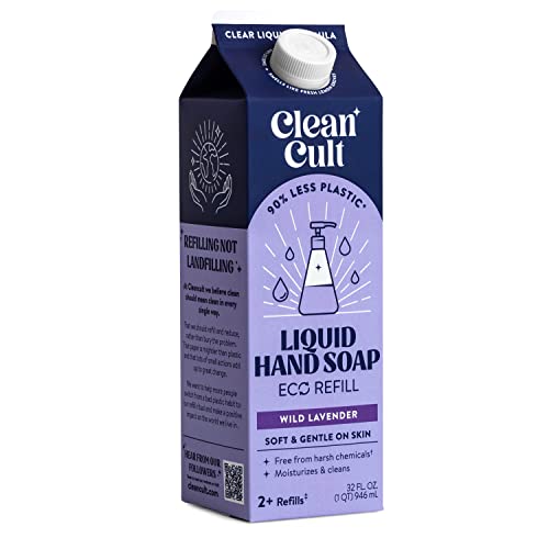 Cleancult Liquid Hand Soap Refills (32oz, 1 Pack) - Hand Soap that Nourishes & Moisturizes - Liquid Soap Free of Harsh Chemicals - Paper Based Eco Refill, Uses 90% Less Plastic - Wild Lavender