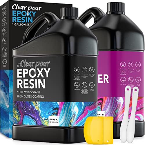 Clear Pour 1 Gallon Epoxy Resin Kit - Clear Epoxy Resin for Countertop, Table Top, Art, Craft, DIY, Wood & Resin Molds (0.5 Gallon x 2)