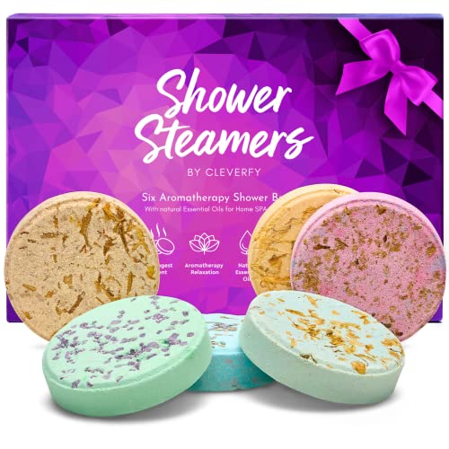 Cleverfy Shower Steamers Aromatherapy - Variety Pack of 6 Shower Bombs with Essential Oils. Self Care and Relaxation Birthday Gifts for Women and Men. Purple Set