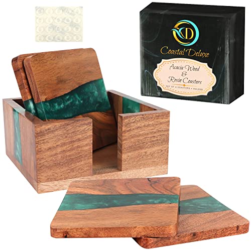 Coastal Deluxe Wooden Coasters for Drinks Set of 4, Epoxy Resin and Acacia Wood Coasters for Drinks or Coffee Table with Coaster Holder, Modern Coasters for Bar Kitchen Home Apartment, 4 x 4 Inches