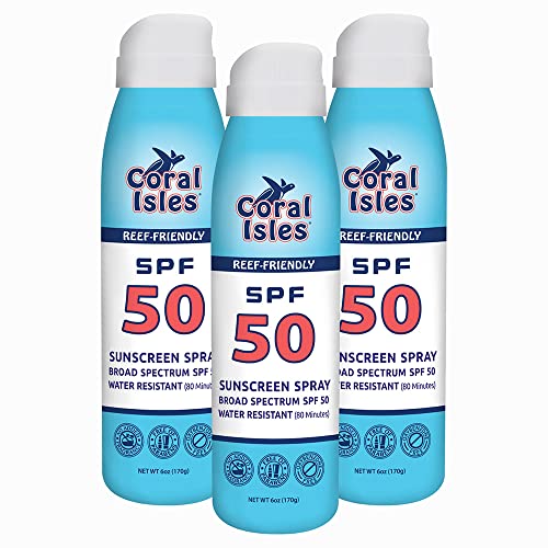 Coral Isles Reef Friendly Sunscreen SPF 50 Continuous Spray | Octinoxate & Oxybenzone Free, Hawaii Compliant | Broad Spectrum UVA/UVB Protection | Non-Greasy, Fragrance Free, Vegan | 6 Fl Oz (3-pack)