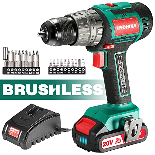 Cordless Drill 20V Max, HYCHIKA Brushless Drill Max Torque 530 In-lbs, 2.0 AH Battery 1H Fast Charger, 21+3 Torque Setting 1/2" Automatic Chuck, 20pcs Drill Bit Set for Home Improvement & DIY Project