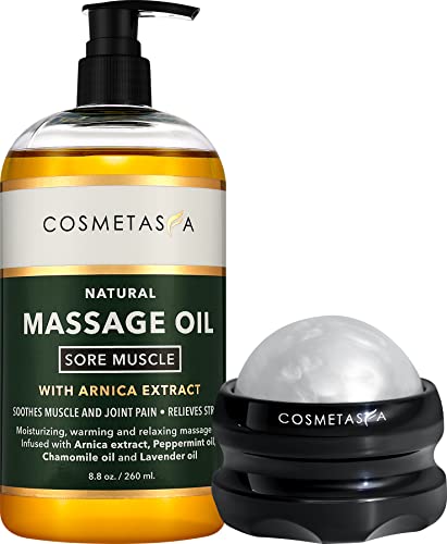 Cosmetasa Sore Muscle Massage Oil with Massage Ball Roller - Soothes Muscle and Joint Pain with Arnica Extract, Peppermint, Chamomile, and Lavender Oil