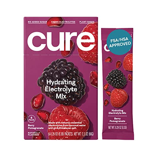 Cure Hydrating Electrolyte Mix | Powder for Dehydration Relief | FSA & HSA Eligible | Made with Coconut Water | No Added Sugar | Vegan | Paleo Friendly | Box of 8 Packets - Berry Pomegranate