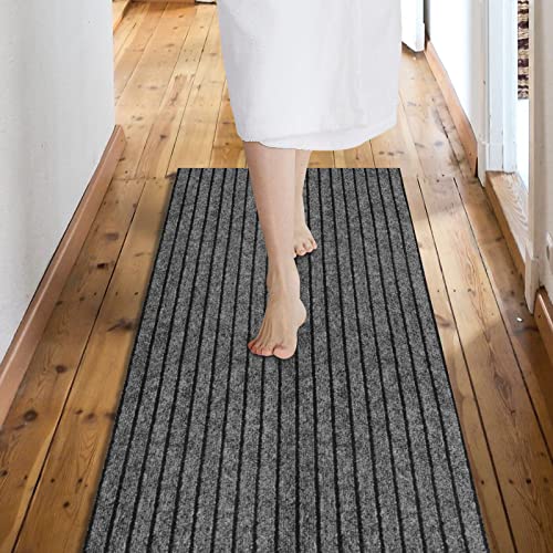 Custom Size Backed Non-Slip Area Rugs Runner, Easy Clean, Waterproof Runner Rugs for Hallway Entryway, Kitchen, Laundry, 2FT x 6FT, Gray Stripe