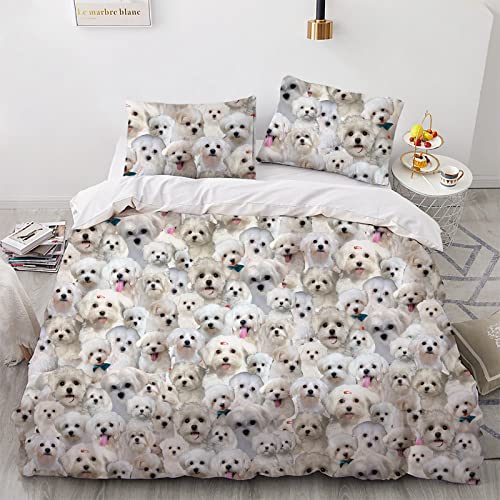 Cute Maltese Dog Print Duvet Covers Set with 2 Pillow Shams, Dog Breed Themed 3 Piece Bedding Set, Soft Comforter Cover Quilt Cover Pillowcases, Gift for Maltese Dog Lover / Dog Mom / Pug Owner