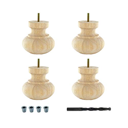 Designer's Edge Millwork Products by Outwater BUN27-UN 4-1/2 in. x 4-13/16 in. Unfinished Solid Hardwood Round Bun Foot 4 Pack with 4 Free Insert Nuts and Drill Bit