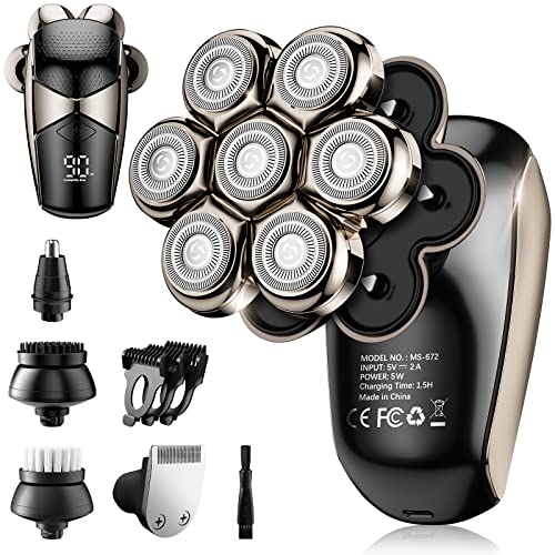 Detachable Head Shavers for Men, SHPAVVER 5-in-1 Electric Razor, IPX7 Waterproof Head Shaver for Bald Men, Wet/Dry LED Display Rechargeable 7D Rotary Shaver Grooming Kit with Type-C Charge