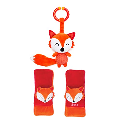 Diono Baby Fox Character Car Seat Straps & Toy, Shoulder Pads for Baby, Infant, Toddler, 2 Pack Soft Seat Belt Cushion and Stroller Harness Covers Helps Prevent Strap Irritation