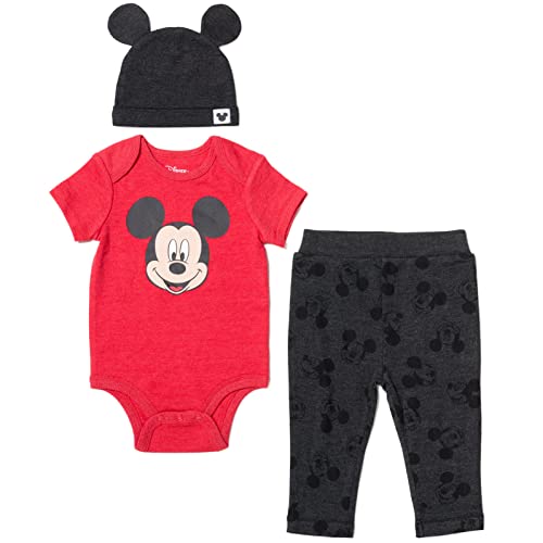 Disney Mickey Mouse Newborn Baby Boys Bodysuit Pants and Hat 3 Piece Outfit Set Red/Gray 6-9 Months