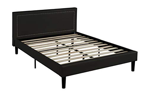 Divano Roma Furniture Classic Deluxe Bonded Leather Low Profile Platform Bed Frame with Nailhead Trim Headboard Design, Twin, Black