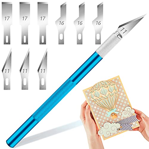 DIYSELF 1PC Craft Knife with 9PCS Exacto Knife Blades Refills (#11, 16, 17), Exacto Knife and Extra Blades for Beginners, Precision Hobby Knife for Carving Fondant, Scrapbooking, Stencils (Blue)