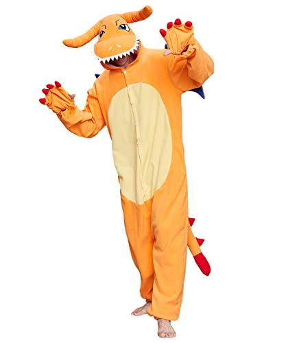 Dodheah Dragon Onesie Adult Animal Cosplay Costume Anime Cartoon Jumpsuit Christmas Halloween Pajamas for Men Women Teens Yellow M