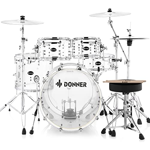 Donner Drums Set Adult 5-Piece with Practice Mute Pad, 22 inch Full-Size Acoustic Drum Kit Transparent Acrylic high-end, Transparent Color-DDS-1000p