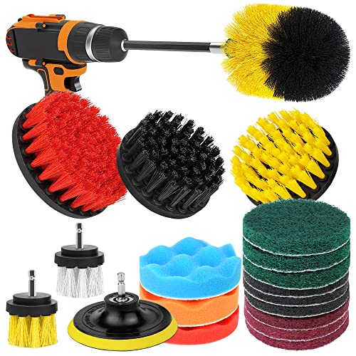 Drill Brush Attachments 20 PCS Scrub Pads & Sponge Power Scrubber Brush with Extend Long Rod All Purpose for Grout, Bathroom Surface, Sinks, Corner, Car Detailing, Carpet, Floor, Laundry Room Cleaning