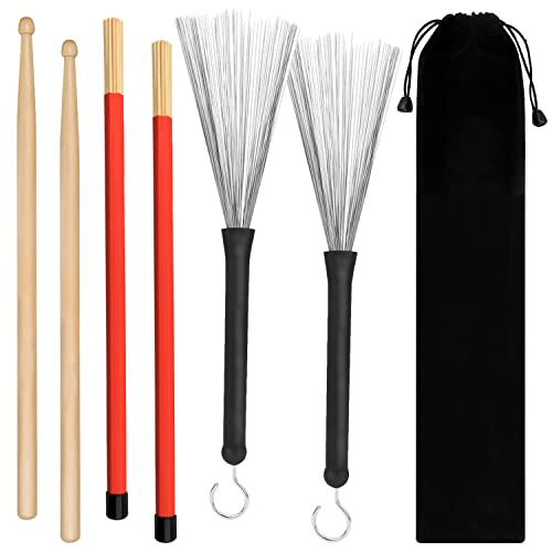 Drum Sticks 1 Pair 5A Maple Wood Drum Sticks,1 Pair Retractable Drum Wire Brushes and 1 Pair Rods Drum Brushes set for Kids, Adults, Rock Band, Jazz Folk Students with Portable Storage Bag