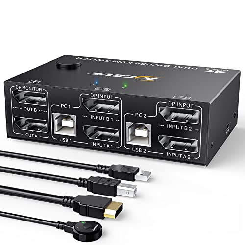 Dual Monitor KVM Switch DisplayPort 8K@30Hz 4K@144Hz 2 in 2 Out,DP KVM Switch and 4 USB Ports for 2 Computers,Backnward Compatible DP1.2 with DP+UBS Cables and Wired Controller