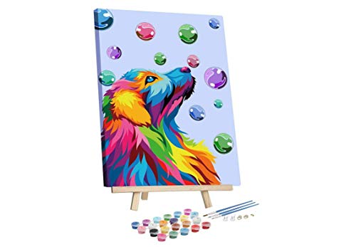 Dydjoy Paint by Numbers for Adults & Kids,DIY Acrylic Painting Kit – 12” x 16” Dog and Bubbles Pattern with Wooden Easel