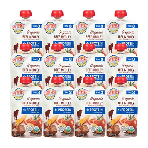 Earth's Best Organic Baby Food Pouches, Stage 3 Protein Puree for Babies 9 Months and Older, Organic Beef Medley with Vegetables Puree, 4.5 oz Resealable Pouch (Pack of 12)