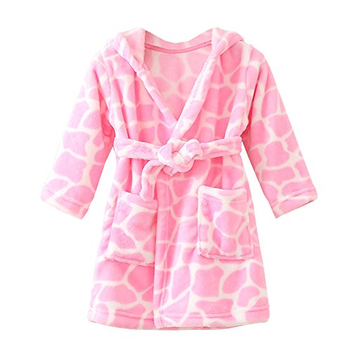 ECHERY Boys Girls Hooded Pajamas Soft Coral Fleece Bathrobe Unisex Dressing Gown Sleepwear… (6 Years, Pink)
