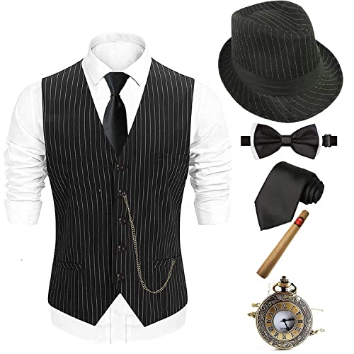 EFORLED 1920s Mens Costume Fedora Hat,Gatsby Gangster Vest,Vintage Pocket Watch,Pre Tied Bow Tie,Tie,TT-M