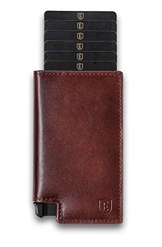 Ekster Parliament Leather Wallet for Men | LWG-Certified Minimalist Wallets with RFID Blocking Layer | Slim & Modern Aluminum Wallet with Push Button for Quick Card Access (Classic Brown)