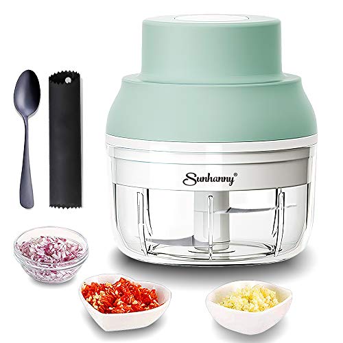 Electric Garlic Chopper Mini, Garlic Masher Crusher, Food Processor Small with Garlic Peeler And Spoon (100ML/3.3FL OZ, Green)