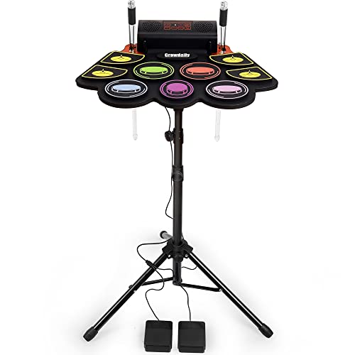 Electric Kids Drum Set,Electronic Drum Set Practice 9 Pads With Stand,Music Recording,Light Up Drum Sticks,Drum Pedal,Midi,Dual Stereo Speaker(Rainbow)