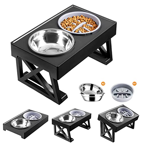 Elevated Dog Bowls for Large Dogs, Medium and Small, 15° Tilted Adjustable Raised Dog Bowl Stand with 1 Slow Feeder Dog Bowl & 2 Stainless Steel Dog Bowls,Elevated Slow Feeder Dog Bowls