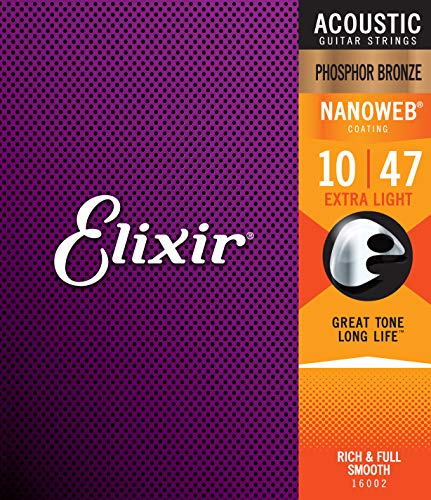 Elixir Strings Phosphor Bronze Acoustic Guitar Strings w NANOWEB Coating, Extra Light (.010-.047)