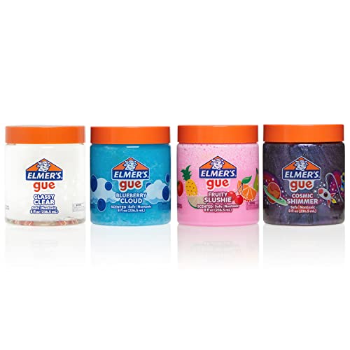 Elmer's GUE Premade Slime, Variety Pack, Includes Clear Slime, Scented Slime, Glitter Slime, 4 Count