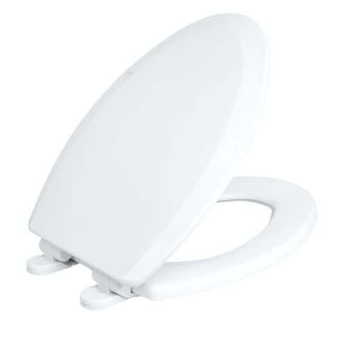 Elongated Wooden Toilet Seat Featuring Slow Close, Heavy Duty Molded Wood with Centocore Technology, Crane White (Cotton/Bright)