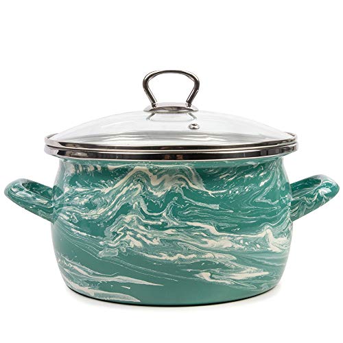 Enamel Stock Pot Shake Turquoise and White Enamelware Pot Enamel Cooking Pot with Glass Lid (2.6-qt (2.5 L))