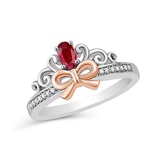 Enchanted Disney Fine Jewelry Sterling Silver and 10K Rose Gold Diamond Accent and Garnet Snow White Bow Ring, Size 8