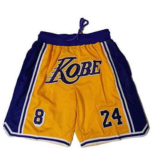 Enjeolon Basketball Shorts, Men Retro Mesh Embroidered with Pockets, Mens Fans Workout Gym Athletic Casual Shorts (X-Large, Yellow Kobe)