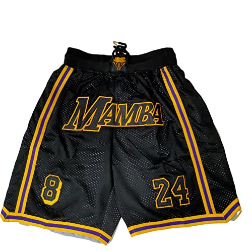 Enjeolon Basketball Shorts, Men Retro Mesh Embroidered with Pockets, Mens Fans Workout Gym Athletic Casual Shorts (Large, Black Mamba)