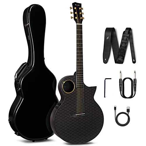 Enya Carbon Fiber Acoustic Electric Guitar X4 Pro AcousticPlus 41” Cutaway Guitar Bundle with Hard Case, Leather Strap(EA-X4E Pro)