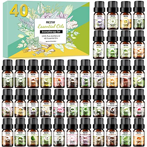 Essential Oils Set - Top 40 Premium Essential Oil Kit for Diffusers, Massages, Aromatherapy, Candle Making, Skin Care - Lavender, Eucalyptus, Peppermint, Tea Tree, Sandalwood Aromatherapy Oils (5mL)