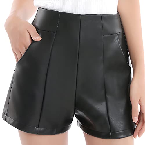 Everbellus Womens High Waisted Faux Leather Shorts with Pockets Wide Leg Shorts Black Medium