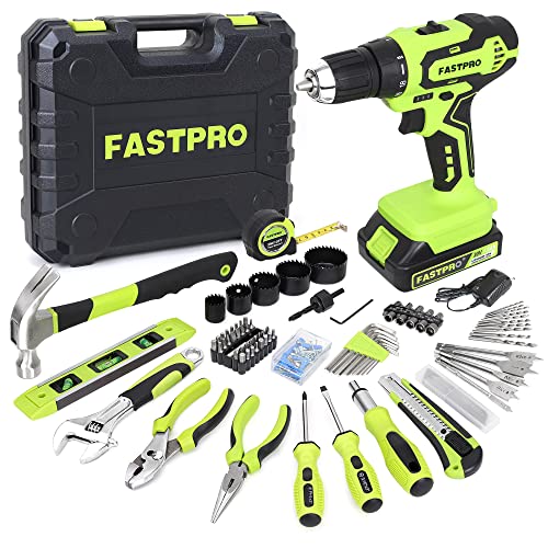 FASTPRO 177-Piece 20V Cordless Lithium-ion Drill Driver and Home Tool Set, Household Repairing Tool Kit with Drill in Tool Storage Case, Green