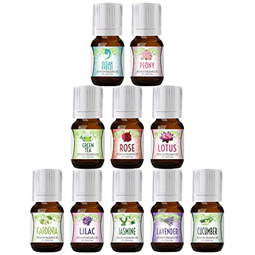 Floral Ocean Gardens Good Essential Fragrance Oil Set (Pack of 10) 5ml Set Includes Lavender, Rose, Jasmine, Lilac, Lotus, Peony, Gardenia, Green Tea, Cucumber, and Ocean Breeze Scented Oils