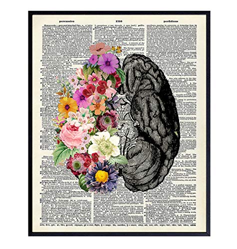 Flower Brain Dictionary Art Print - Vintage Upcycled Wall Art Poster - chic Modern Home Decor for Bedroom, Bathroom, Living Room - A Great Gift for Women and Steampunk Fans - 8x10 Photo - Unframed